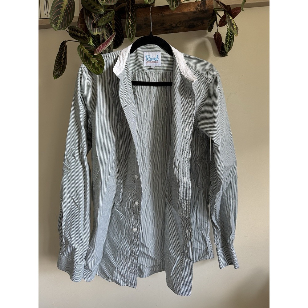 Revival Vintage Men's Green Pinstripe Cotton Button Down Shirt White Collar 15.5